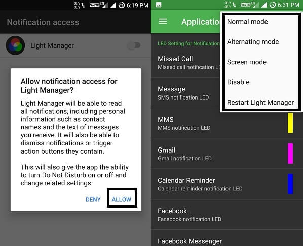 Allow notification and app modes - customize LED notification colors