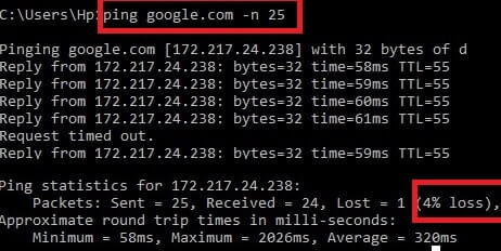 Ping Google and check Packet loss