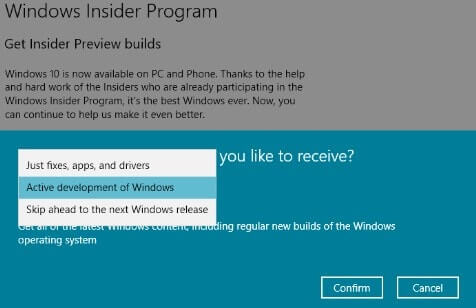 Windows Insider Program - Choose Update type