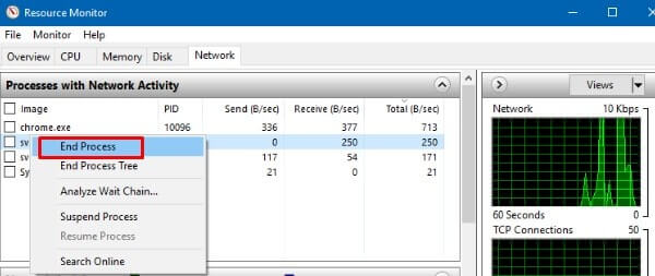 Check Network Activity - Windows 10 Slow Internet