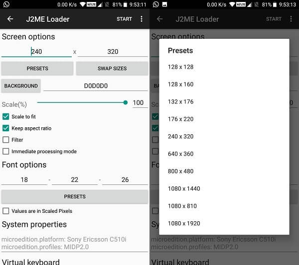 J2ME loader screen options