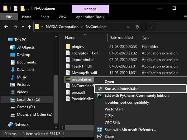 Run NvContainer as Administrator
