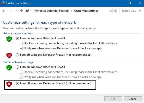 Turn Off Windows Defender Firewall