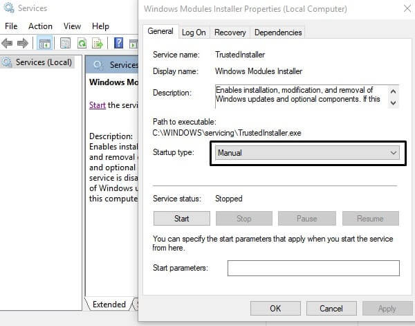 Set Manual Mode - Windows Module Installer