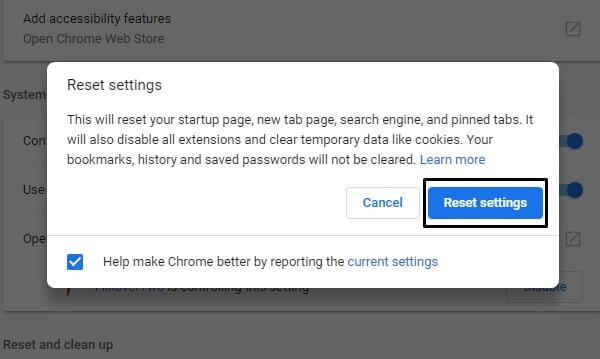 Reset Chrome Browser Settings