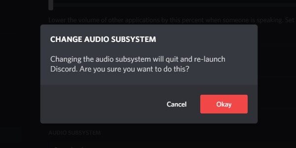 Change Audio Subsystem Confirmation
