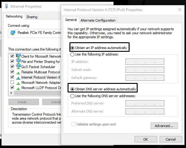 Ethernet Obtain an IP address automatically