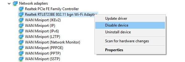 Disable WiFi Adapter driver