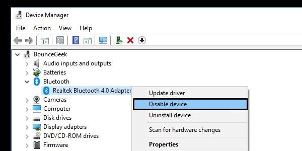 Disable Bluetooth Adapter Device