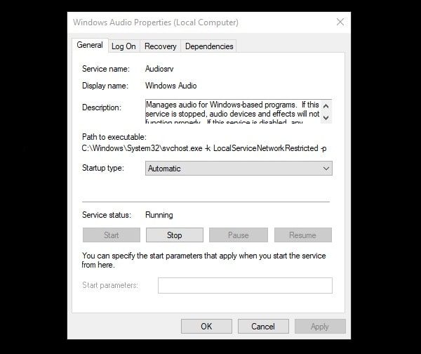 Windows Audio Service Startup Type Automatic