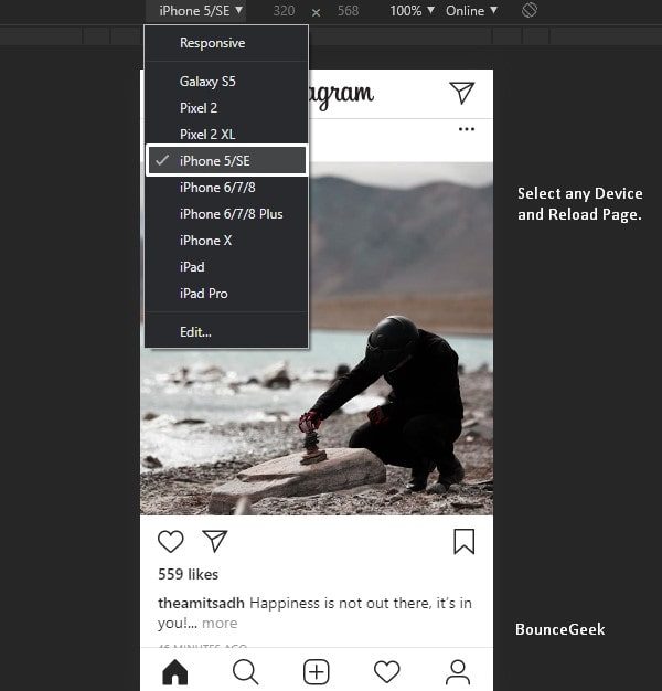 Chrome Device Emulation - Upload Photos on Instagram
