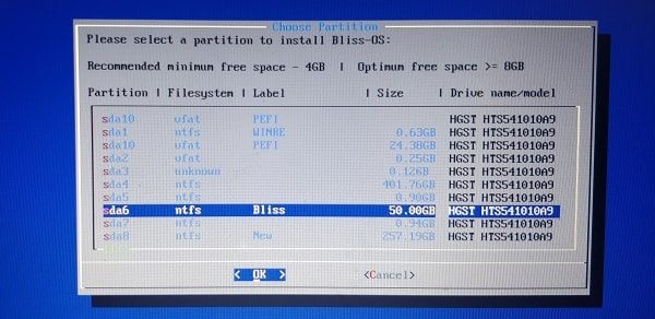 Select Bliss OS Partition