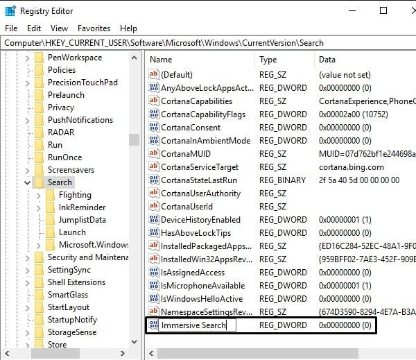 Create Immersive Search Registry in Windows 10