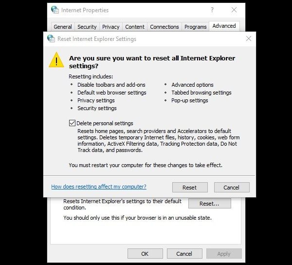 Reset Internet Explorer Settings