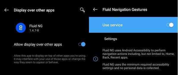 Accessibility and Draw over other Apps - Fluid Navigation Gestures