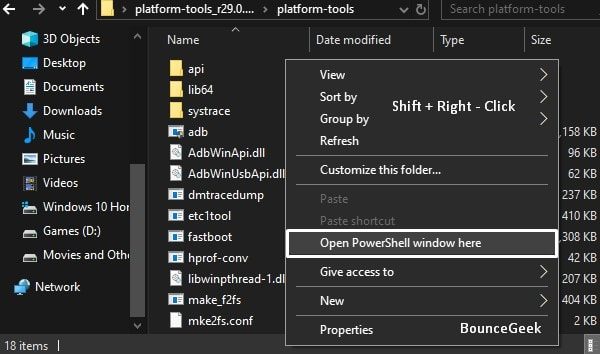 SDK Platform Tools - Open PowerShell window here