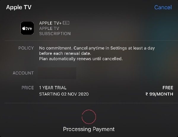 Apple TV+ Payment Confirmation - 1 Year Trial