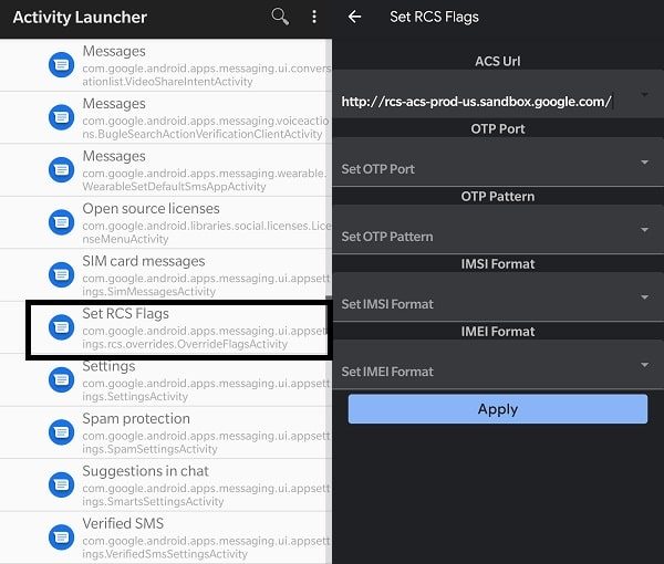 Select ACS URL in Activity Launcher to Enable RCS Messaging