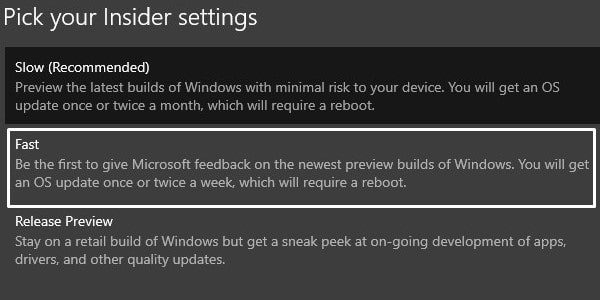 Select Fast Settings - Windows Insider Settings