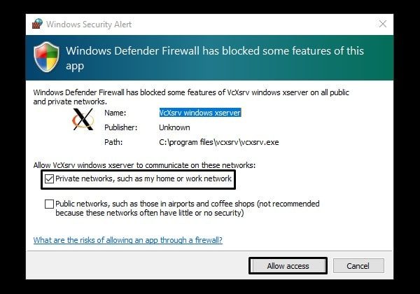 Windows X Server Firewall Dialoug