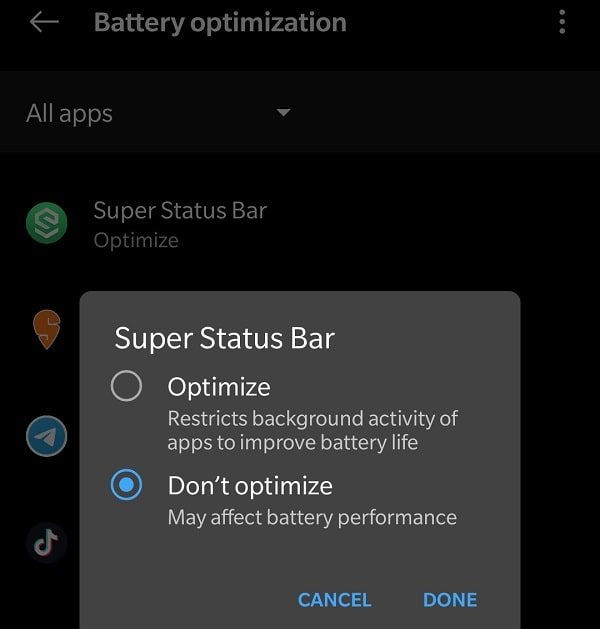 Disable Battery optimization for Super Status Bar