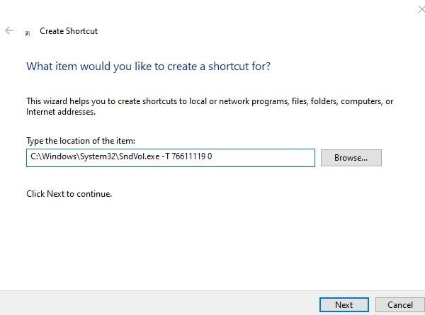 Enter Volume Control Shortcut Location