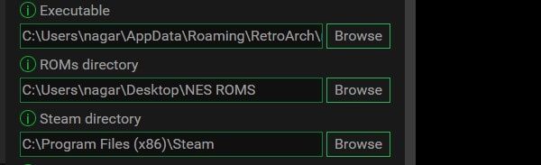 Select Steam RetroArch and ROM Directory