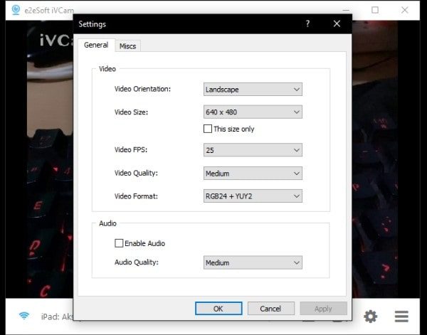 iVCam Connected - Settings Page