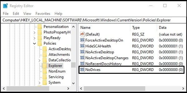 Enter NoDrives Name - Hide Drive in Windows 10