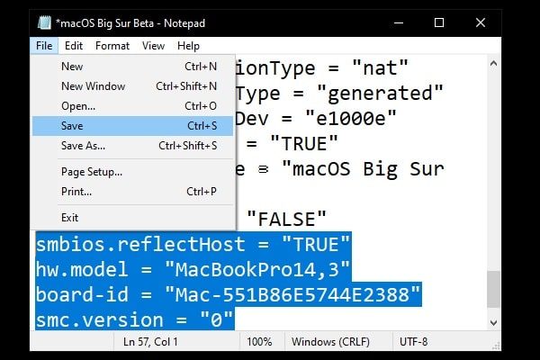 Edit VMX File in Notepad - Install MacOS Big Sure Beta in VMWare