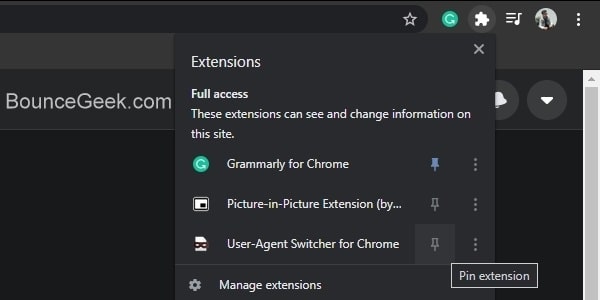 Pin User Agent Switcher Extension