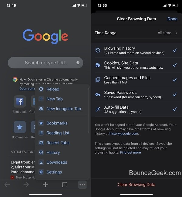 Clear Chrome Browsing Data in iPhone