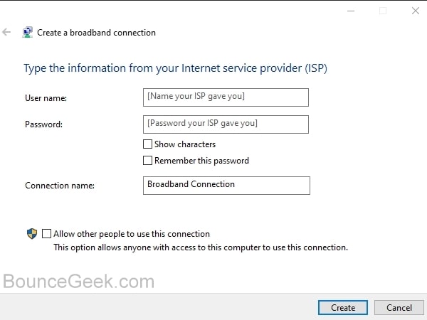 Create a broadband connection