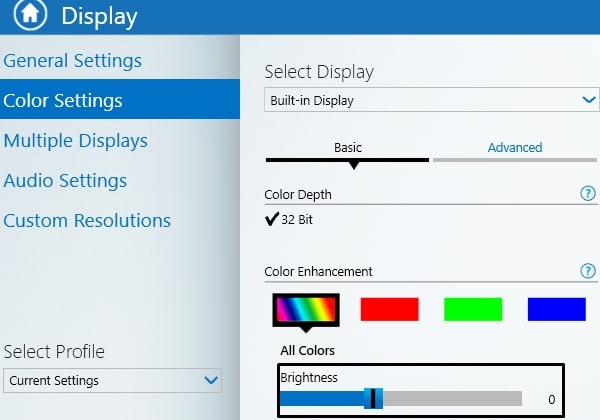 Change Brightness - Intel Graphics Control Panel