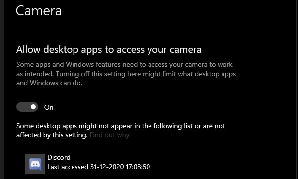 Allow Desktop Apps to access your Camera
