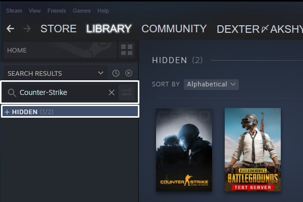 Search for hidden game to unhide