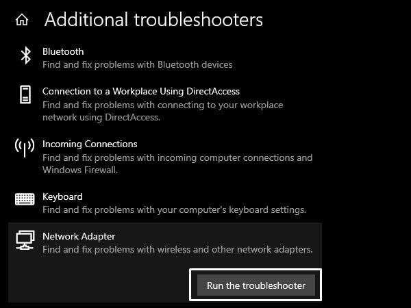 Run Network Adapter troubleshooter