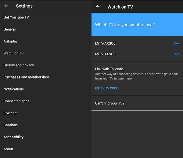 YouTube App - Link with TV code