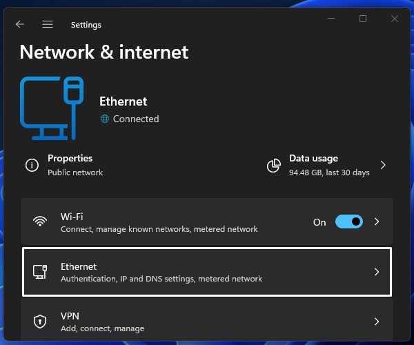 Ethernet Settings Network & Internet