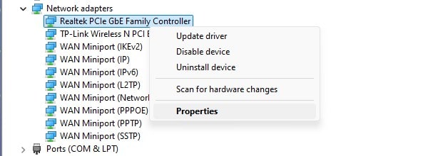 Realtek PCIe GbE Family Controller Properties