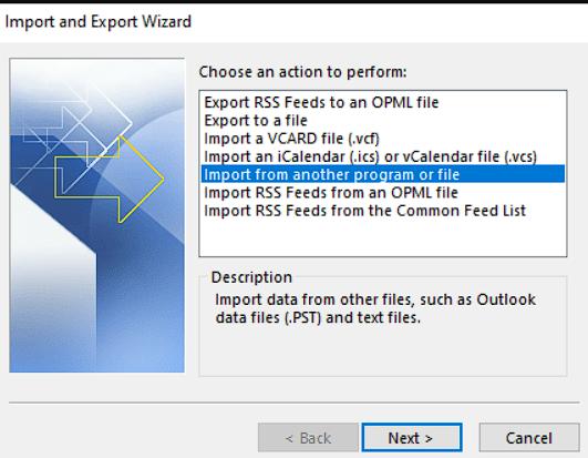 Import from another program or file - Merge PST Files in Outlook