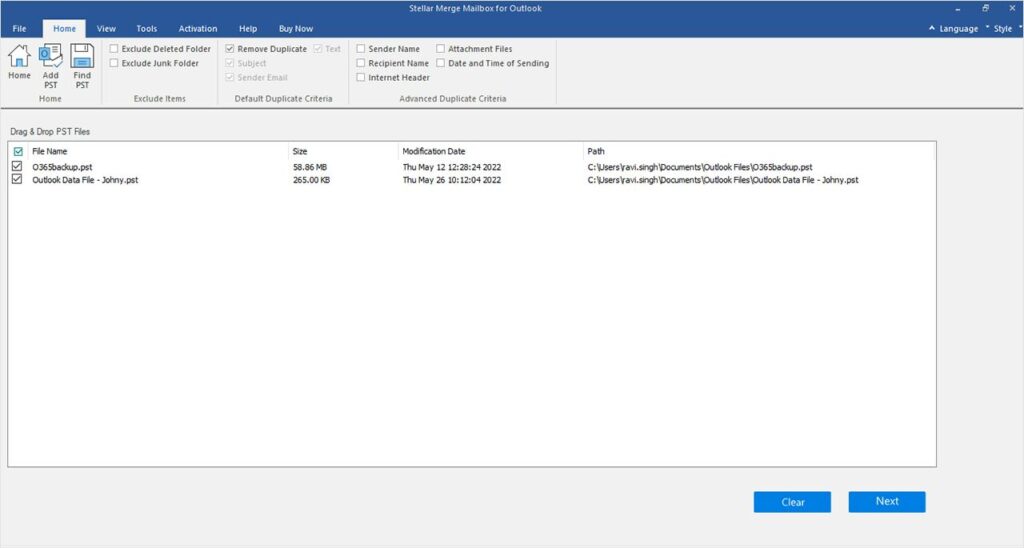 select the PST files to merge or combine