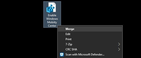 Enable Windows Mobility Center Registry File Merge