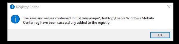 Enable Windows Mobility Center on PC using Registry File
