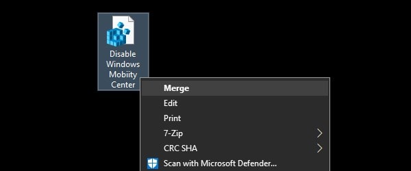 Merge Disable Windows Mobility Center