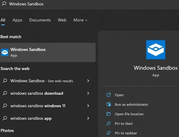 Search for Windows Sandbox App in Windows 11