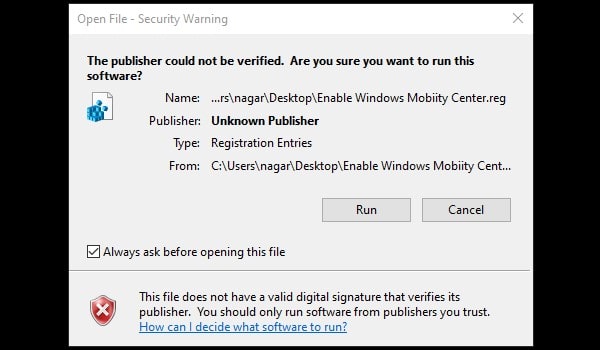 Security Warning WMC Registry File