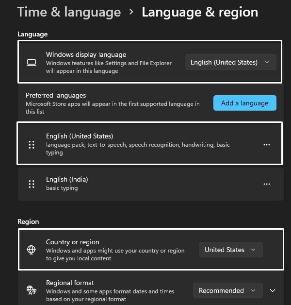 Set Windows language region to united states