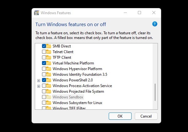 Virtual Machine Platform Turn Windows feature on or off