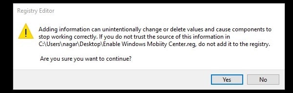 Windows Mobility Center Registry File Confirmation